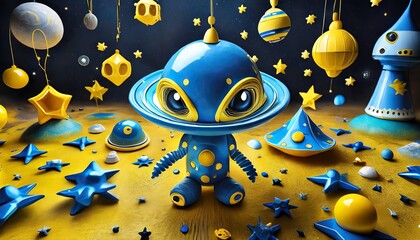 animated alien with planets and spaceships illustration for children 