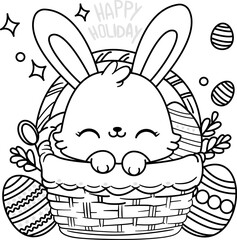 happy holiday bunny in basket and easter eggs coloring page for printable