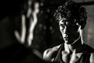 Male athlete looking at his reflection in the mirror