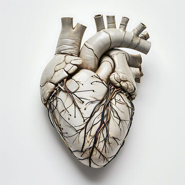 Isolated anatomical heart made of wires and white ceramic on white background
