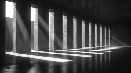 Monochrome architectural interior with sunlight and shadows