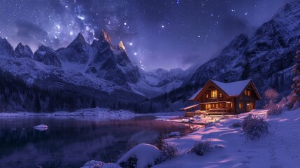 Starry night sky above a cozy mountain cabin