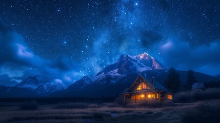 Starry night sky above a cozy mountain cabin