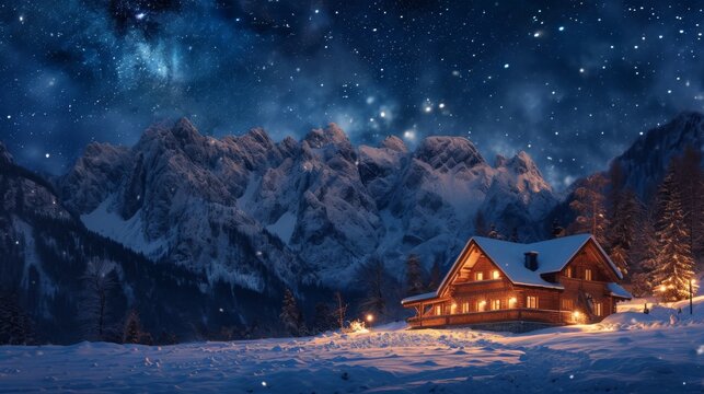 Fototapeta Starry night sky above a cozy mountain cabin