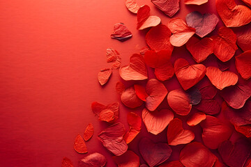 Red paper hearts on a red background. Valentine's Day background.