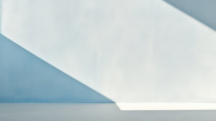 Sunlight casting soft shadows on a minimalist light blue interior wall. Digital illustration.