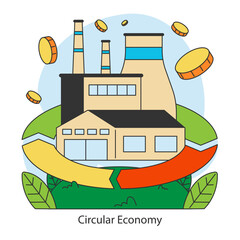 Circular Economy concept. Industrial symbiosis with recycling and reuse practices. Encourages efficient resource management. Flat vector illustration.