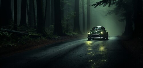 A moss green super-sport car, speeding through a dark, mysterious forest road,
