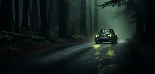  A moss green super-sport car, speeding through a dark, mysterious forest road, © Khurram