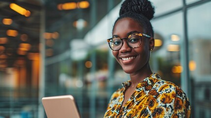 A happy pill is used by an African American woman working in an office to explore technology in the business world and communicate on social platforms and the web for networking and emailing.