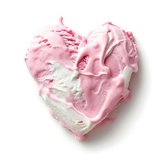 Creamy beige and pink strawberry ice cream in heart shape on white background. Realistic style