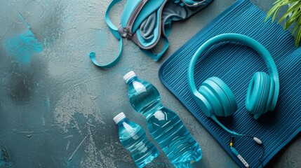 A flat lay of fitness gear including a yoga mat, water bottle, and headphones