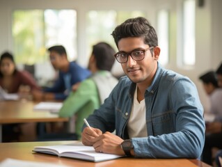 Portrait of a young Indian male student sitting at desk in the college library.