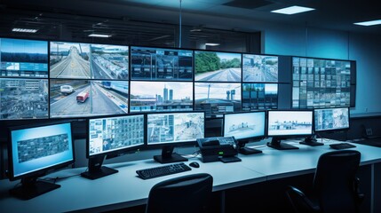 Modern traffic control room with multiple surveillance screens.