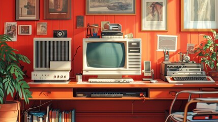 A vintage home office setup with a 90s personal computer, using a wide-angle lens, in a brightly colored room, capturing the essence of ea