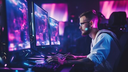 Gamer at multi-monitor setup in neon-lit room.