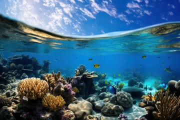 Underwater coral reef teems with marine life, surface view. Nature background.