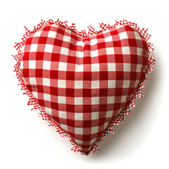 Red and white checkered fabric heart with a wavy border, isolated on a solid white background. in a realistic style