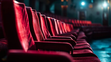 Theater seats bathed in stage lighting at a cinema. - obrazy, fototapety, plakaty