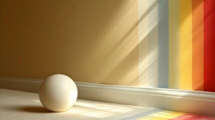 Minimalist composition with a single egg and colorful striped shadows