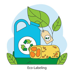 Eco-Labeling concept. Represents informed consumer choices with recyclable materials and sustainability indicators. Encourages environmentally aware purchases. Flat vector illustration.