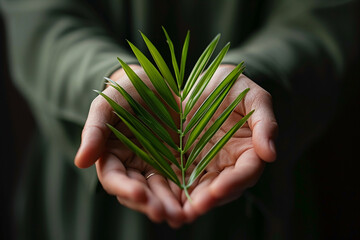 close-up of hands holding a palm branch, symbolizing the beginning of Great Lent in many traditions, emphasizing the significance of humility and repentance in a minimalistic photo - obrazy, fototapety, plakaty