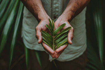 close-up of hands holding a palm branch, symbolizing the beginning of Great Lent in many traditions, emphasizing the significance of humility and repentance in a minimalistic photo - obrazy, fototapety, plakaty