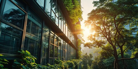 Eco-conscious office building with greenery for carbon reduction in modern city. - obrazy, fototapety, plakaty