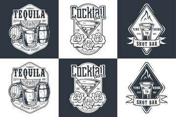 Tequila shot and martini vector set with lime and fire for alcohol cocktail bar or drink party. Vintage and retro emblem design collection for barman or bartender
