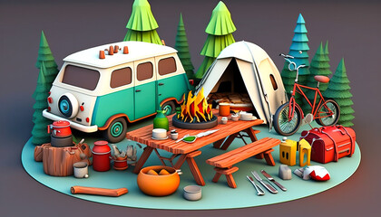 Camping 3D - Experience the joy of camping and hiking with this group of happy trekkers ai generated