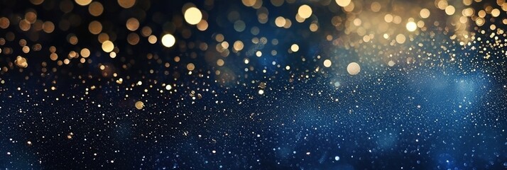 Fototapeta premium Glimmering Symphony: Abstract Glitter Lights in Blue, Gold, and Black, De-focused Banner