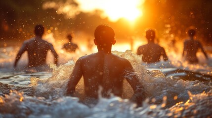Group of friends enjoying sunset swim in tranquil lake waters