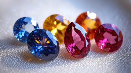 Vibrant contrast of deep blue Sapphire, sunny Citrine, and rich red Ruby, elegantly arranged on a pristine white canvas