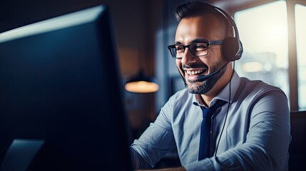 Call center workers. Smiling customer support operator with hands-free headset working in the office - obrazy, fototapety, plakaty