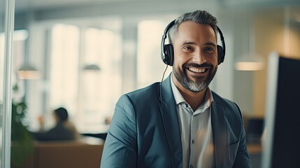 Call center workers. Smiling customer support operator with hands-free headset working in the office - obrazy, fototapety, plakaty