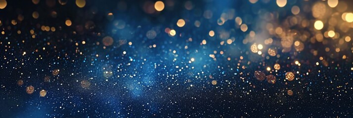 Celestial Sparkle: Blue, Gold, and Black Abstract Glitter Lights De-focused for Banner