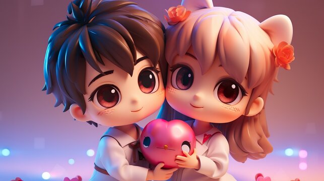 Chibi-Anime-Paar mit Herz - Liebe und Zärtlichkeit