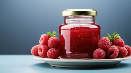 Jam jar bottle glass with rasp barry with leaf in plate on table Generative AI