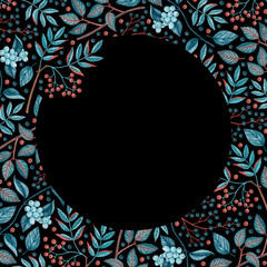 Isolated frame composed of watercolor drawings of orange and blue emerald leaves, stems and berries of elderberry, rowan and snow berries on a black background