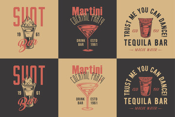 Tequila shot and martini vector set with lime and fire for alcohol cocktail bar or drink party. Vintage and retro emblem design collection for barman or bartender © Casoalfonso