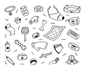 Doodle pet accessories. Food, toys, hand drawn elements for dog, pet, puppy. Vector icons - obrazy, fototapety, plakaty