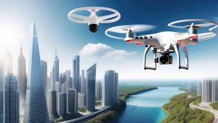 Drone with digital camera flying over the city. Megapolis. Generative AI