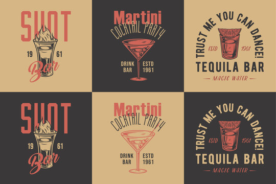 Tequila shot and martini vector set with lime and fire for alcohol cocktail bar or drink party. Vintage and retro emblem design collection for barman or bartender