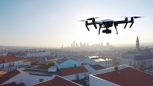 Drone with digital camera flying over the city. Generative AI