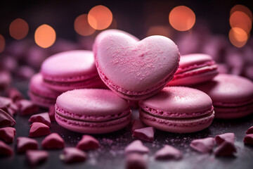 Obraz na płótnie Canvas Sweet Bliss: Pink Macarons. Valentine's Day sweets. Pink macaroons heart shaped