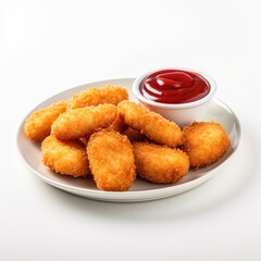 Delicious nuggets with ketchup in a plate isolated on white background, tasty chicken nuggets with ketchup