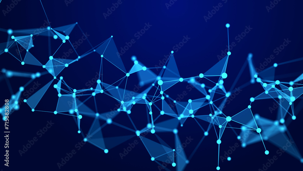 Poster The distribution of triangular shapes in space. Network connection structure. Big data digital background. 3D rendering.