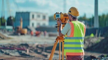 Construction site employee using theodolite level and transit tools to calculate distances, heights, and orientations. - obrazy, fototapety, plakaty