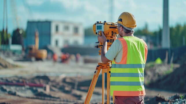 Construction site employee using theodolite level and transit tools to calculate distances, heights, and orientations.