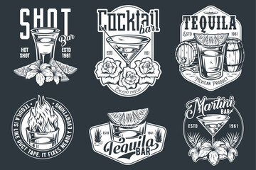 Tequila shot and martini vector set with lime and fire for alcohol cocktail bar or drink party. Vintage and retro emblem design collection for barman or bartender